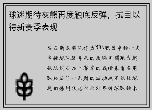 球迷期待灰熊再度触底反弹，拭目以待新赛季表现